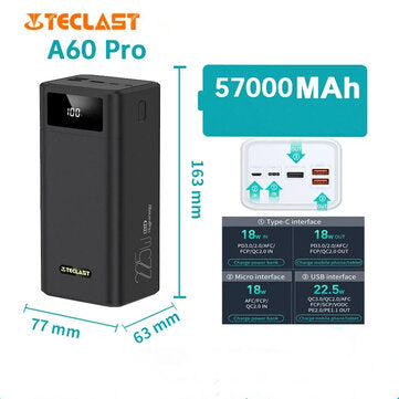 Teclast A60 Pro 22.5W 57000mAh Power Bank PD QC3.0 SCP FCP AFC Fast Charging 2 Input & 4 Output LED Display External Power Supply for iPhone 12 Pro Max for Samsung Galaxy Note S20 Ultra Huawei Mate 40 OnePlus 8 Pro